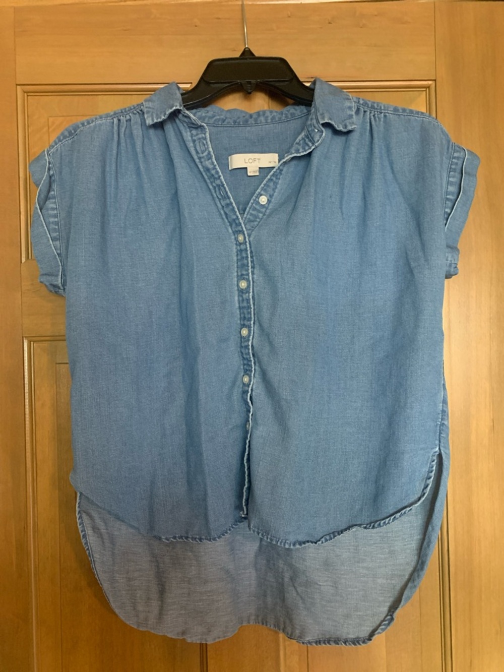 LOFT Chambray Button-Front Short Sleeve Top Linen Blend